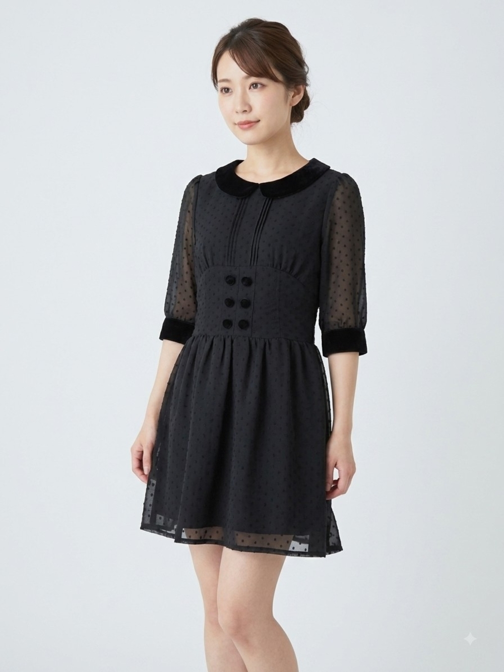 Axes Femme Black Velvet Mini Dress M/S Collar Gothic Lolita Coquette Sheer Dot